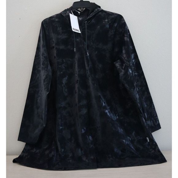 Rains 18340 Women Sz XL Black Echoes Hooded A-Line Polyester Snap Up Jacket $125 - Picture 1 of 12